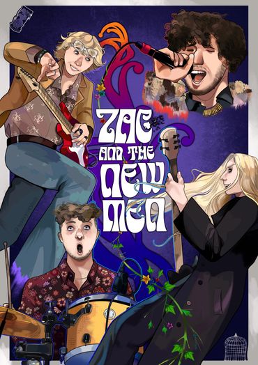 A Band poster with illustrations of the members. The style of the poster is inspired by art-nouveau.
