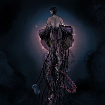 An ambient piece of a jellyfish merman. He is in the deep sea, the only source of light is his glow.