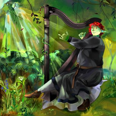 A green character with bright red hair playing a thorny harp in the middle of a woodland.