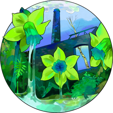 A circular illustration of an abandoned copper-works and daffodils with water pouring out of them.