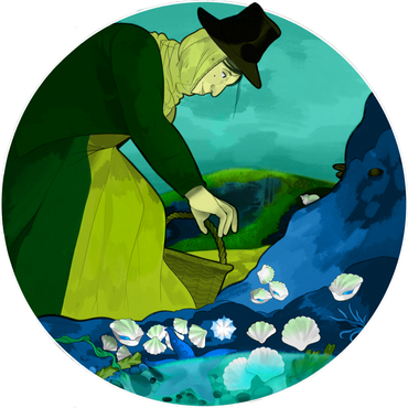 A circular illustration of a cockle woman in traditional Welsh garb picking cockles from a rockpool.