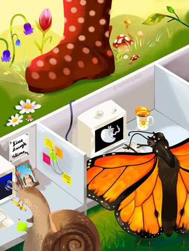 An Editorial Piece of bugs working in an office space amongst nature. A human walks past in boots.