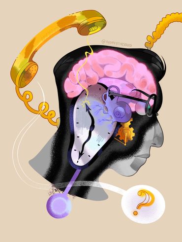 An editorial Piece showing the inside of a man's head. Fused to his cochlear is a distorted clock.