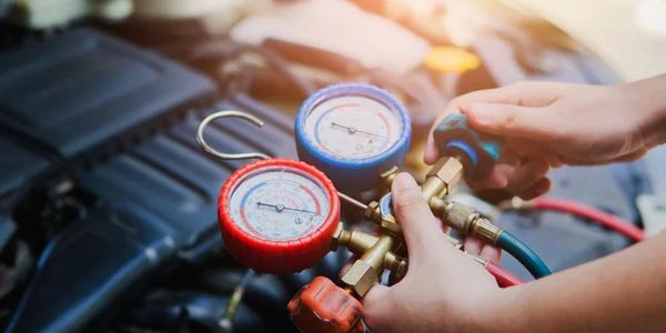 Hands adjusting HVAC pressure gauges on a car engine.