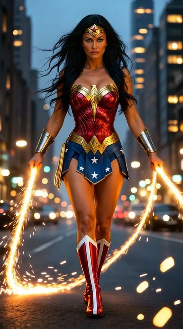 Wonder Woman walking fiercely on a city street with glowing lasso in hand.
