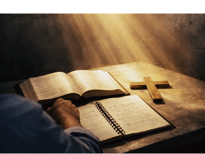 Person reading religious books with a wooden cross on a table.