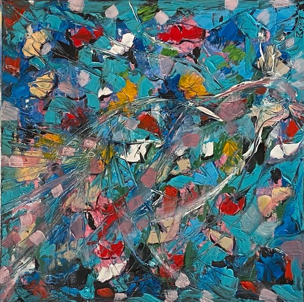 "BirdFly "oil on tablet canvas 40 x 40 cm colorful strokes and predominante color is light turquoise