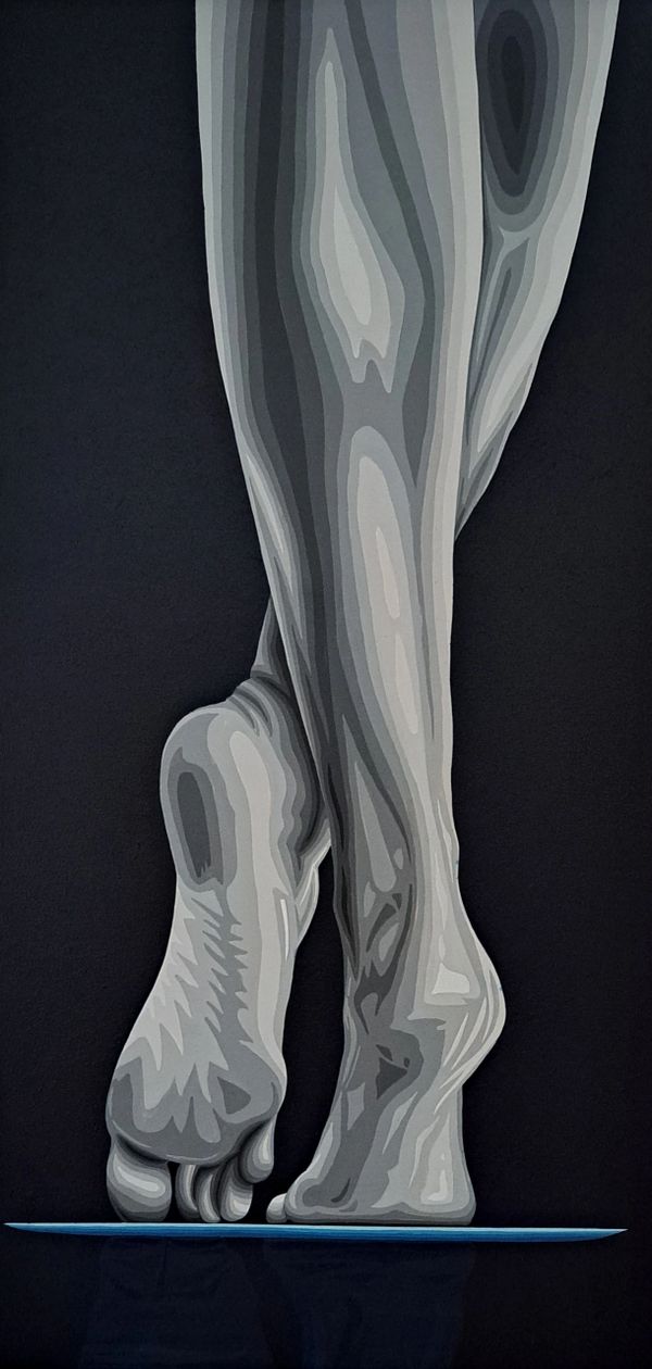 Monochrome painting of crossed legs and feet with wood grain texture.