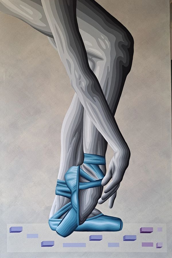 Stylized artwork of ballet dancer's legs and feet in blue pointe shoes.