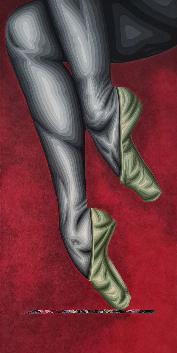 Abstract painting of ballet dancer's legs with green pointe shoes on a red background.
