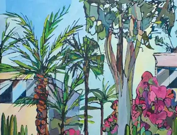 Las Palmeras Y Buganvilia  Mix media oil and acrylic on canvas 116 x 89 cm