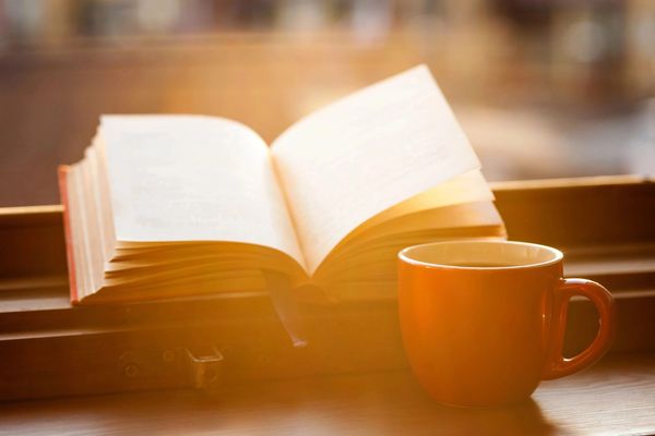 Open book and orange cup on a wooden table with warm sunlight.