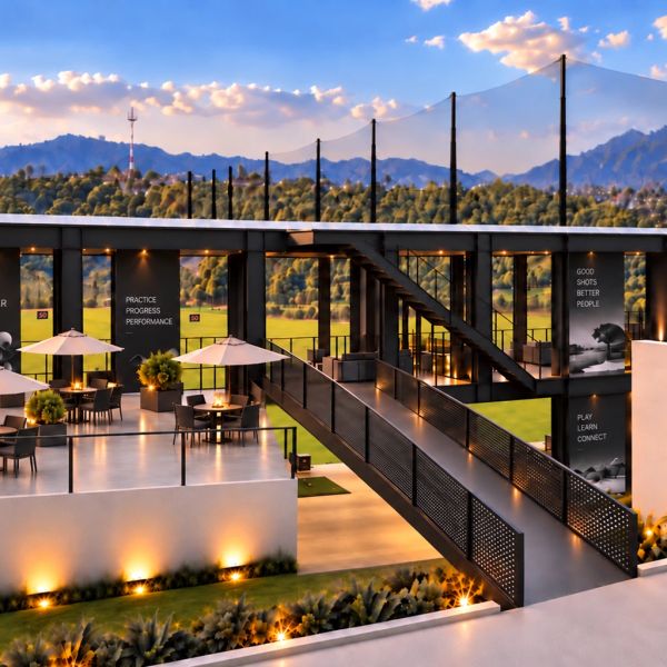 Campo de golf moderno con terraza y vista montañosa.