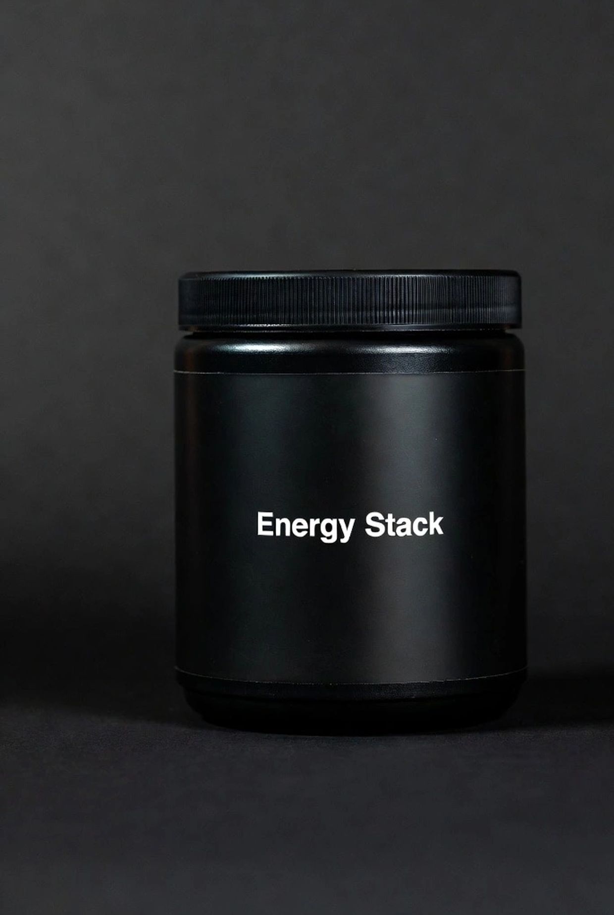 black plastic container with energy stack on the side