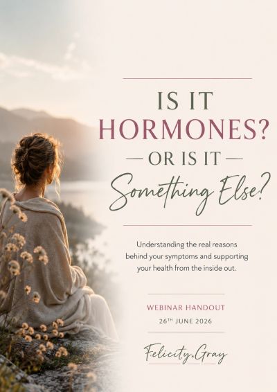 A woman contemplates nature beside a webinar handout on hormone health.