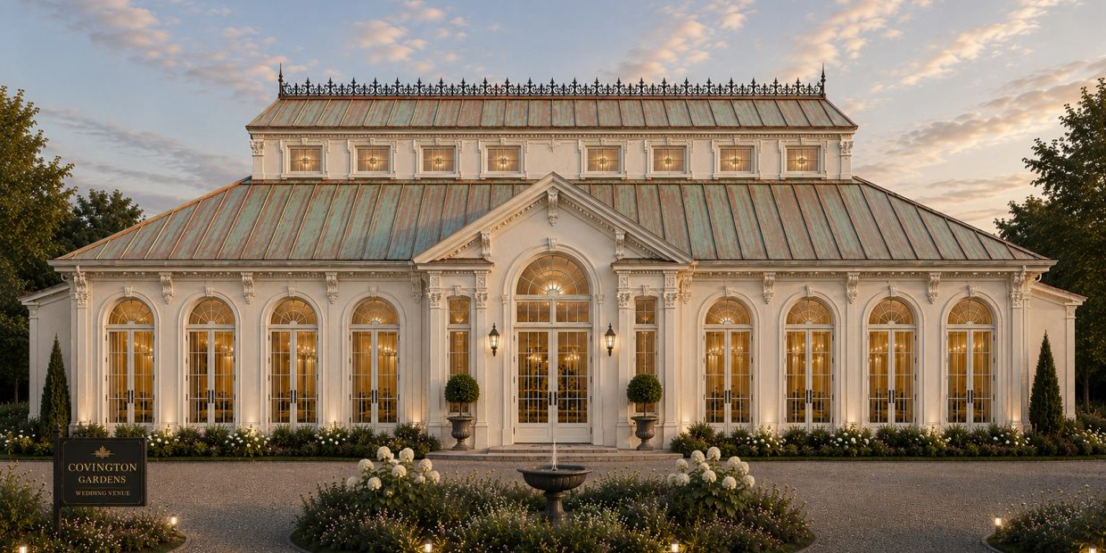 Elegant wedding venue building at sunset.