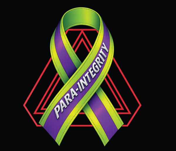 Purple and green ribbon with text 'PARA-INTEGRITY' and red geometric shapes background.