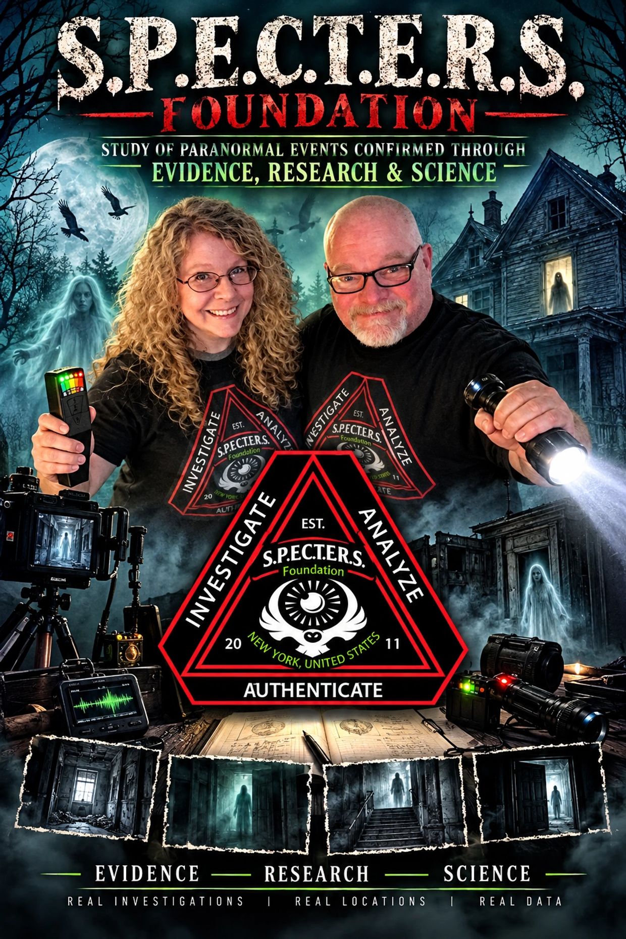 Two paranormal investigators showcasing ghost hunting equipment in a spooky environment.