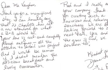Handwritten thank-you note expressing gratitude for a wonderful stay and hospitality.