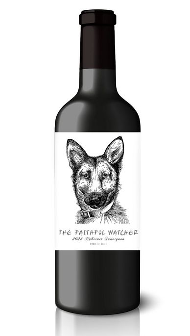 Wine bottle labeled "The Faithful Watcher" with a dog sketch.