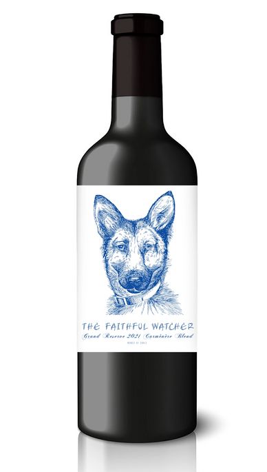 Wine bottle with a dog illustration on the label.