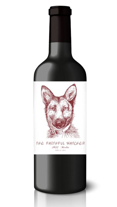 Wine bottle with dog illustration on label.