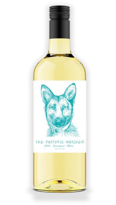 White wine bottle with dog illustration label.