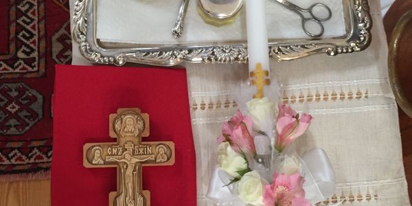 Orthodox Baptism Personalized Oil Bottle and Hand-Painted Candle with Cross at church Christening