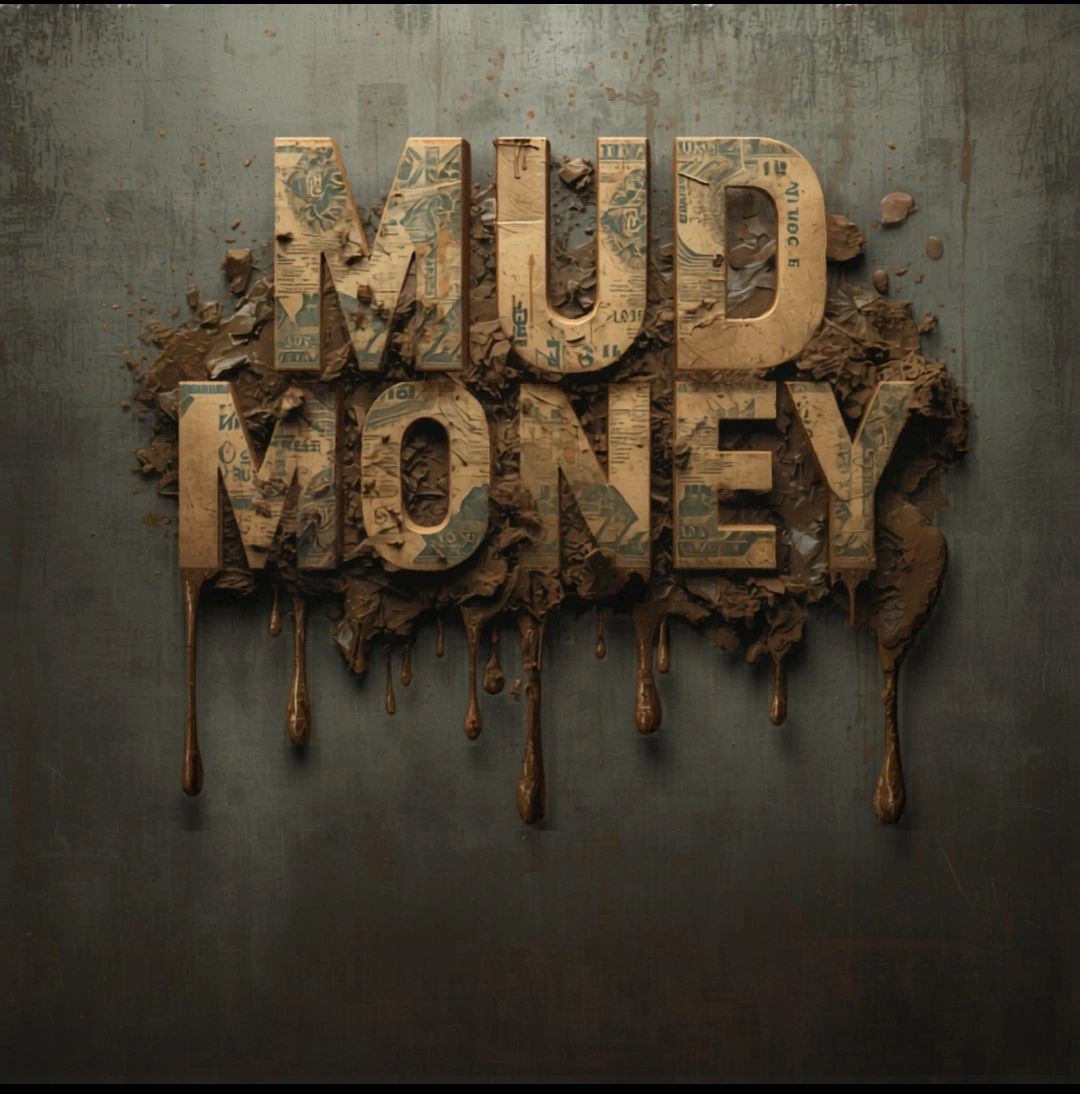 3D text 'MUD MONEY' with mud and dollar bill textures dripping.