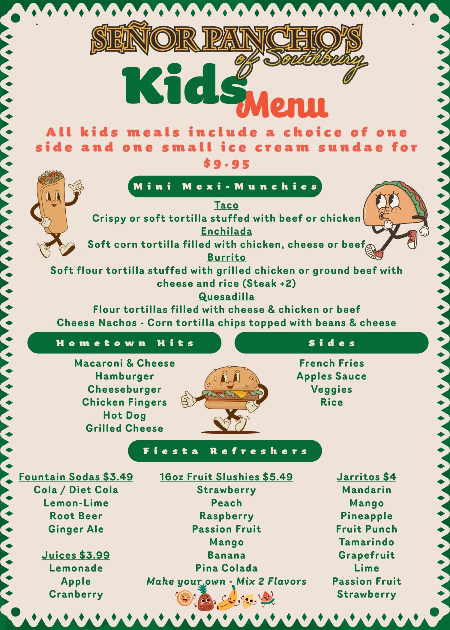 Señor Pancho's Kids Menu with meal options, sides, and drinks, including Mini Mexi-Munchies and Fiesta Refreshers.