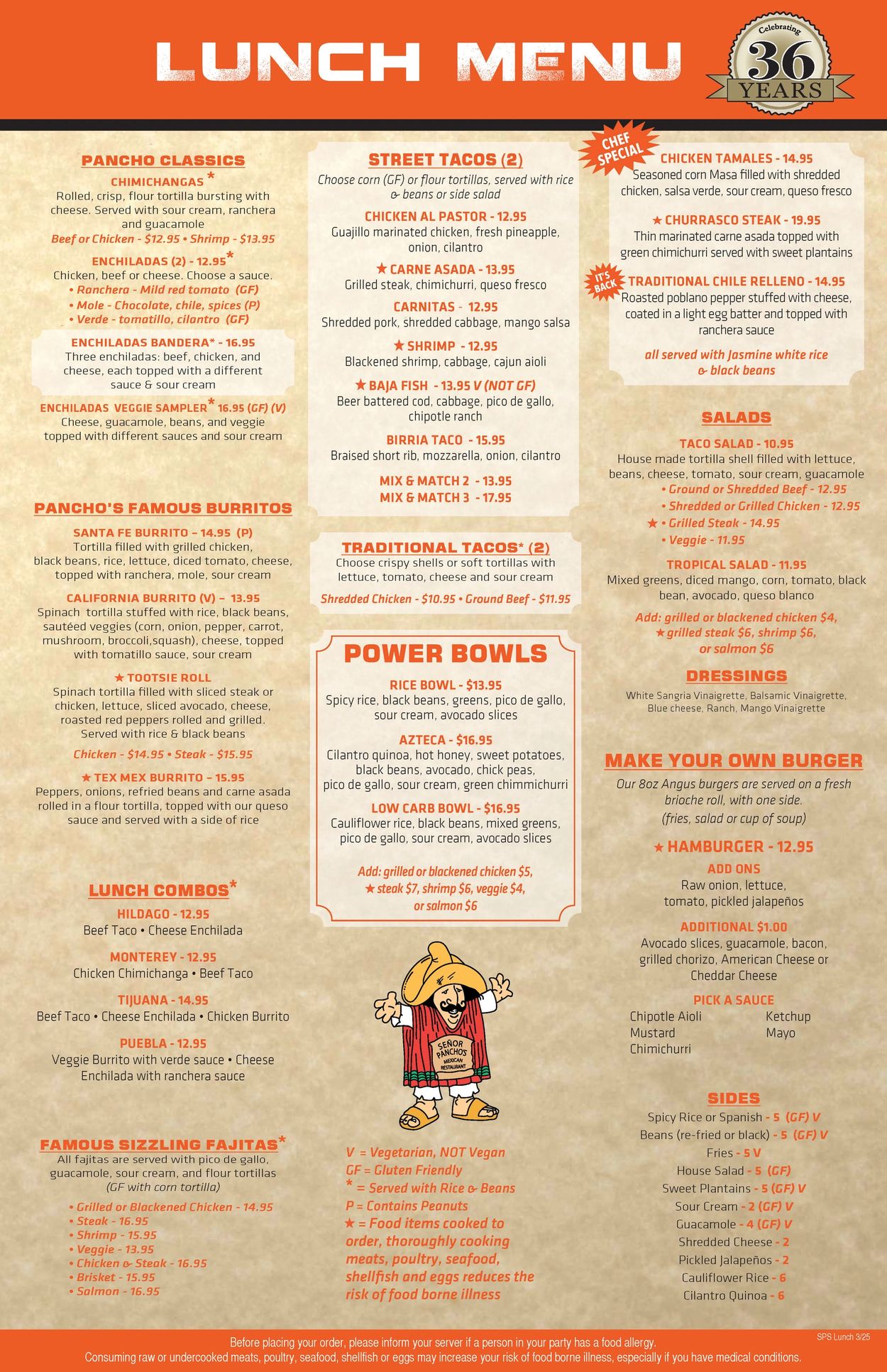 Lunch menu featuring Mexican classics, tacos, burritos, power bowls, salads, and burgers with various fillings and sides.