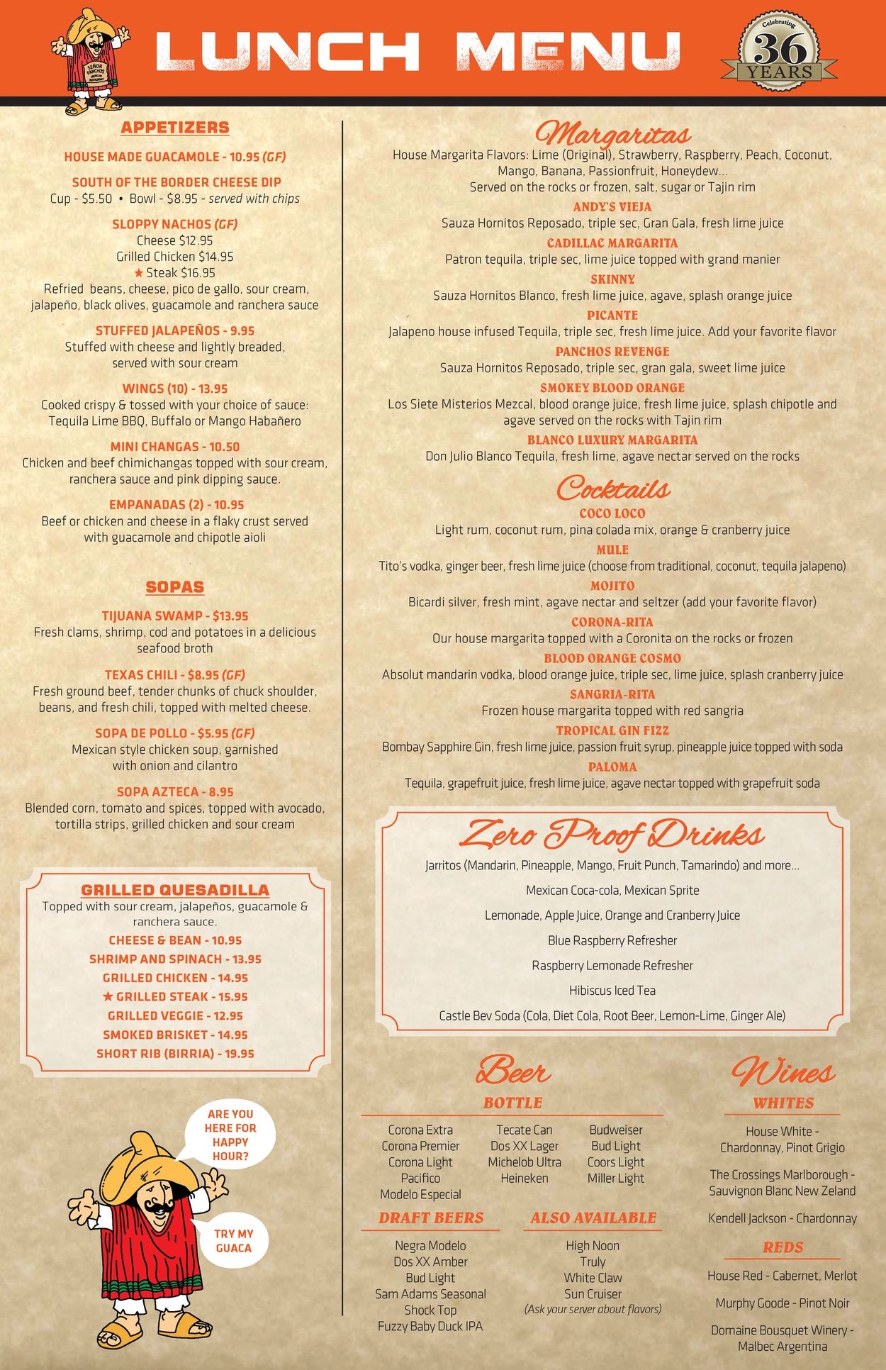 Lunch menu featuring appetizers, margaritas, cocktails, zero proof drinks, beers, and wines.