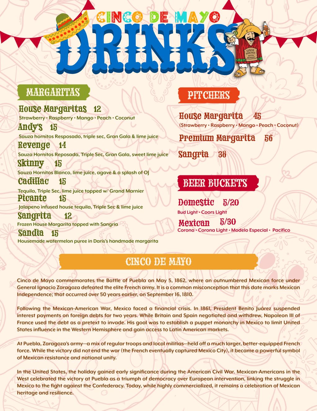 Cinco de Mayo drink menu with margaritas, pitchers, and beer buckets.