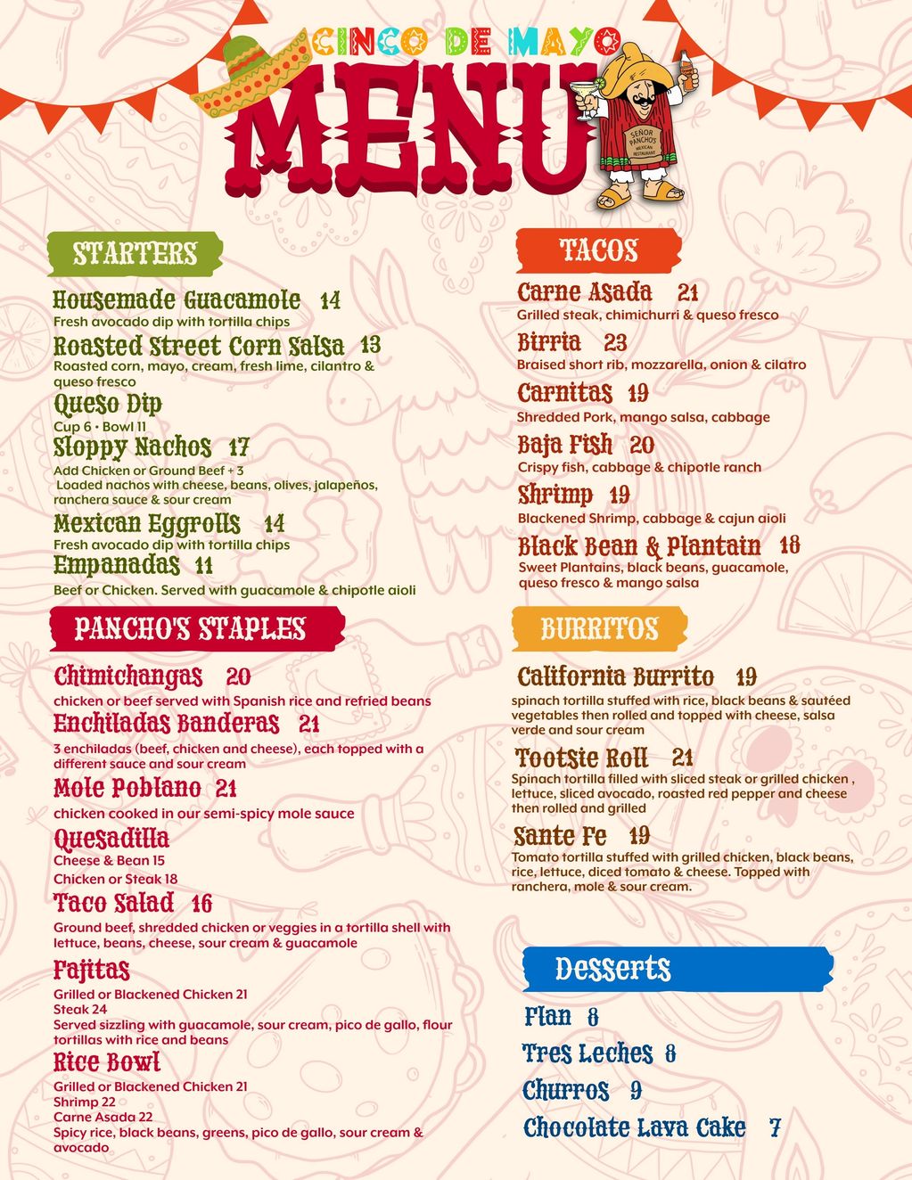Cinco de Mayo menu with starters, tacos, burritos, staples, and desserts in festive colors.