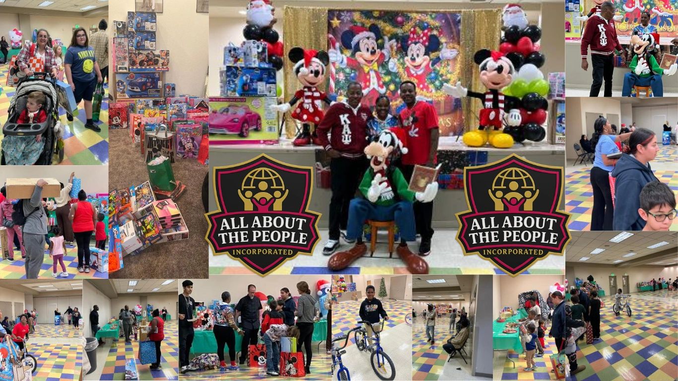 Community holiday toy drive with families and gifts.