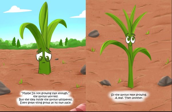 A worried sprout and a healthy growing leaf.
