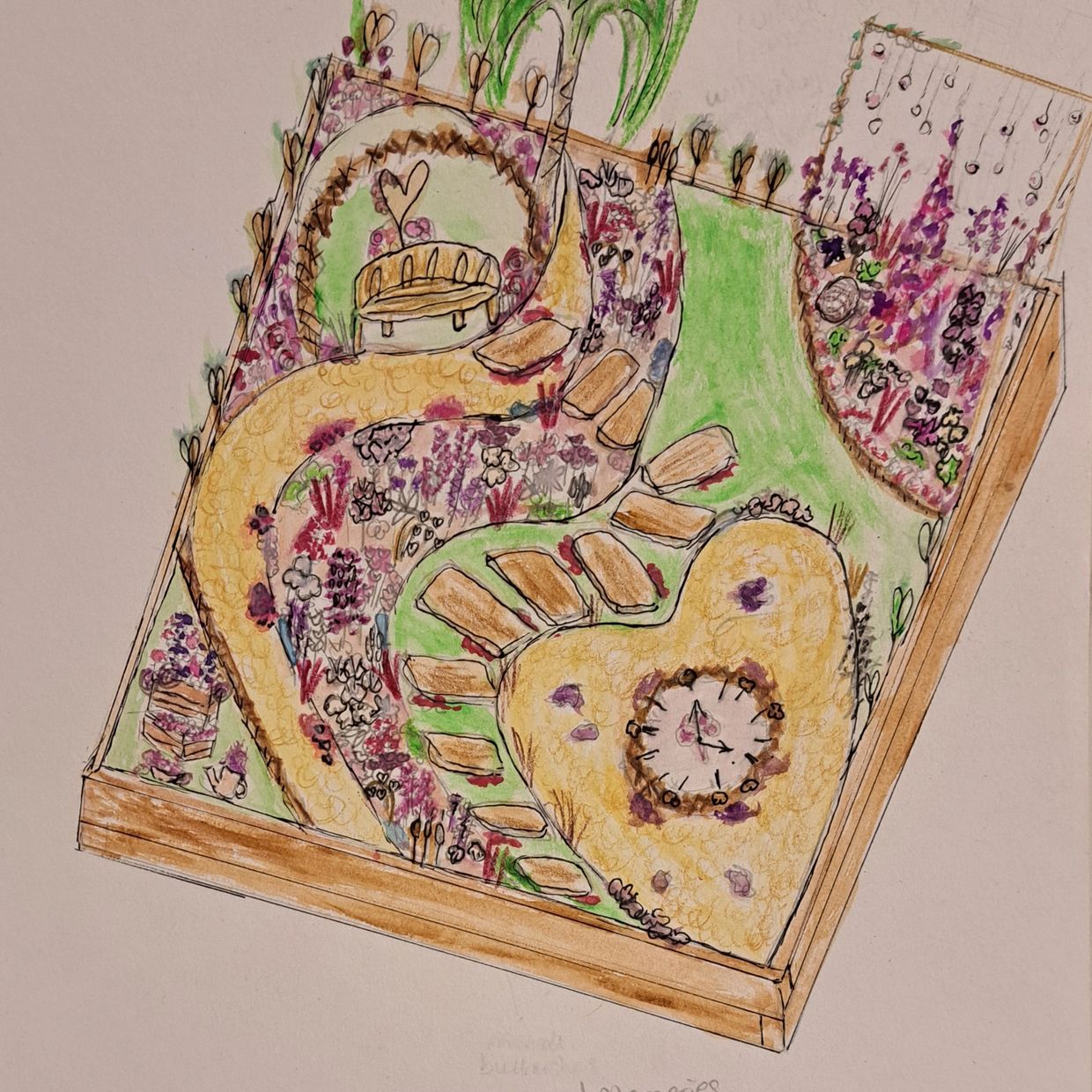 Hand-drawn garden design with paths, flowers, and a heart-shaped clock area.