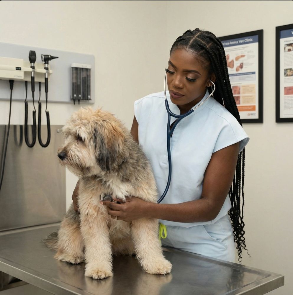 Veterinarian examining a fluffy dog with a stethoscope in a clinic.