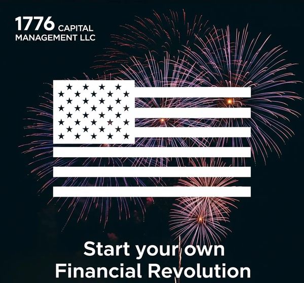Patriotic financial revolution promotion with fireworks and American flag.