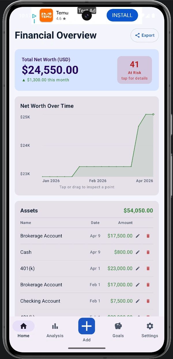 Financial overview on a smartphone showing net worth, assets, and a risk alert.