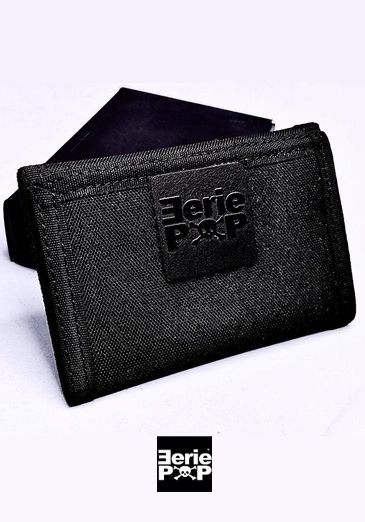 Black fabric wallet with Eerie Pop logo.