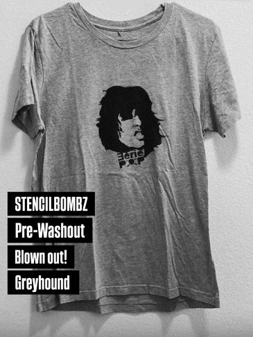 Grey t-shirt with a black stencil-style face print.