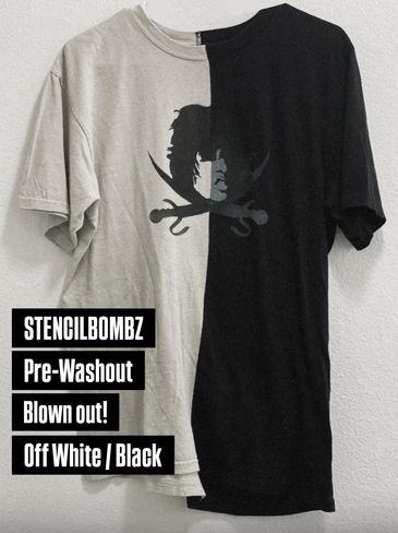 Two-tone T-shirt split between off white and black with a stencil face design.