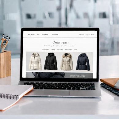 Laptop on desk displaying outerwear jackets for sale online.