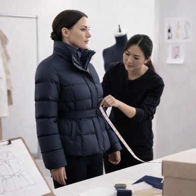 Fashion designer measures a model wearing a puffer jacket.
