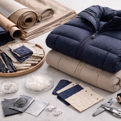 Materials and tools for making padded jackets arranged on a table.