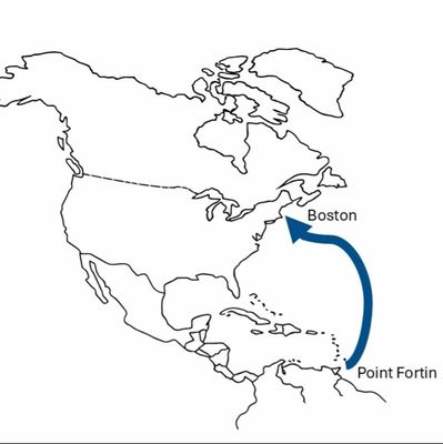 Map showing a route from Point Fortin to Boston.