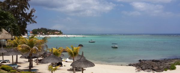 Tropical beach with palm trees, thatched umbrellas, and boats on clear blue water.