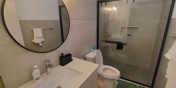 Modern bathroom with round mirror, glass shower, and green rug.