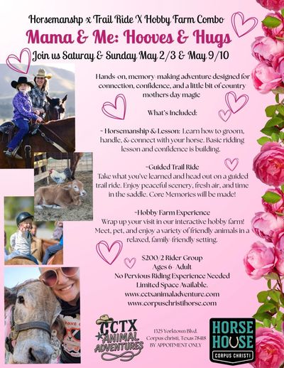 Flyer for Mama &amp; Me: Hooves &amp; Hugs farm adventure event in May.